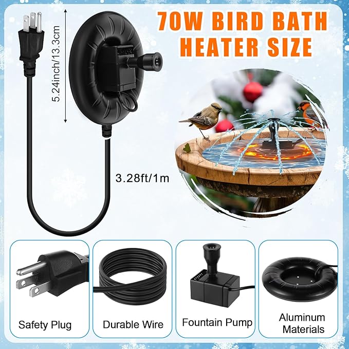 3 Pcs Submersible Water Heater Bird Bath Heater Chicken Waterer De-icer Water Trough Outdoor for Farm Pond Winter Poultry Livestock Tank Horse Drink, Pipe Tape Cord Cover(Deep Black,70 W)