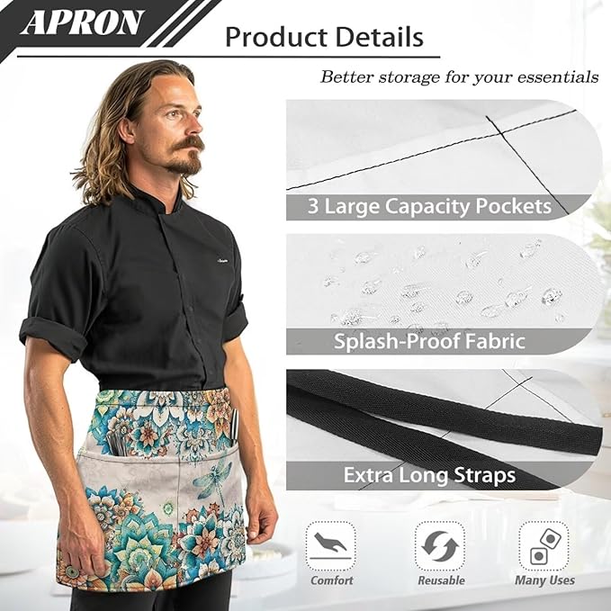Waist Apron with 3 Pockets Waterproof 13 Inch Short Half Waist Aprons Women Men Server Aprons Waitress Waiter Apron