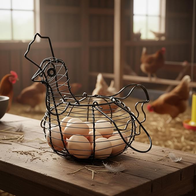MyGift Black Metal Wire Chicken Egg Basket, Decorative Chicken Shape Design, Farm Fresh Egg Collecting & Storage Organizer for Farmhouse Kitchen Decor
