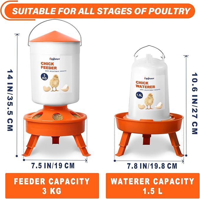 Chick Feeder and Waterer Set, Top Fill 3kg Chick Feeder and 1.5L Chick Waterer with 3 Adjustable Heights