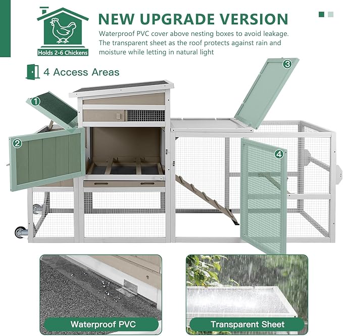 79"L Large Chicken Coop with Run, Mobile Hen Chicken House with Wheels, Nesting Boxes, UV-Resistant Roof, Indoor Outdoor Rabbit Hutch Poultry Cage for Chickens Duck Bunny with Removable Tray and Ramp