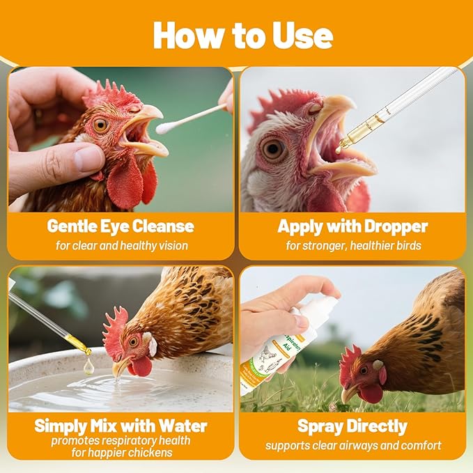 Respiratory Aid for Chicken, Poultry Supplement for Coughing, Sneezing & Nasal Relief, All-Bird Safe Formula, Drinking Water Additive, Dropper & Spray Top Included, 4Oz (118ml) Natural Liquid