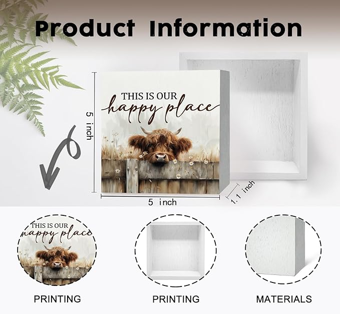 Highland Cow Sign - Farmhouse Western Animal Office Kitchen Bedroom Decor,Rustic Farm This Is Our Happy Place Home Decor Signs,highland Cow Gifts For Women,5x5 Inch