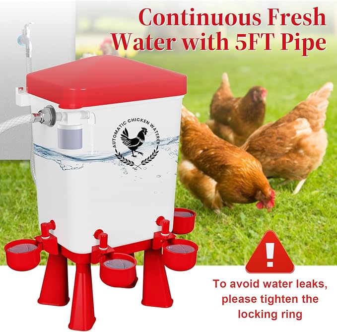 Chicken Waterer, 3 Gallons Automatic Chicken Waterers with 5ft Pipe, Float Controlled Automatic Poultry Water Feeder, 5 Chicken Waterer Cups (Red, 3 Gallons)
