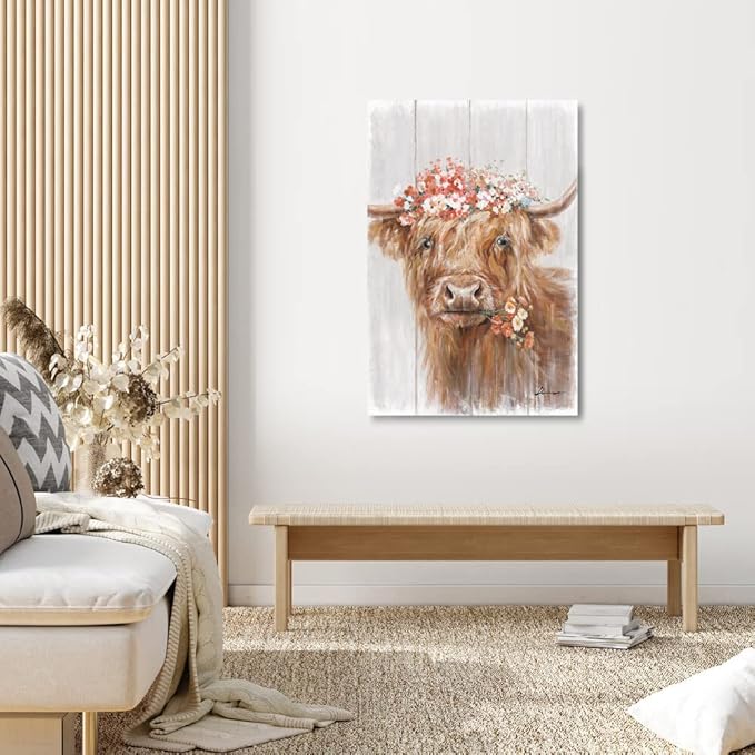 Highland Cow Canvas Farmhouse Decor: Funny Cow Wall Art with Flowers Staring at You Rustic Farm Wood Planks Unique Cattle Posters for Bathroom Framed Size 16"x24"