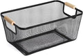 Metal Mesh Steel Basket, Medium Wire Storage Organizer Basket Multi-function Hanging Kitchen Basket with Wood Handle for Kitchen Bathroom Picnic Home, Rectangle-Black