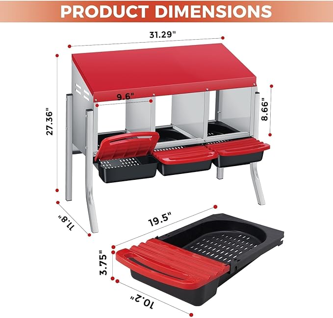 3 Compartment Metal Chicken Nesting Box, Includes 3 Soft Hay Mats, Automatic Roll-Out Egg Collection, Waterproof Galvanized Steel Laying Box with Perch & Wall Mount, for Hens Ducks Rabbits