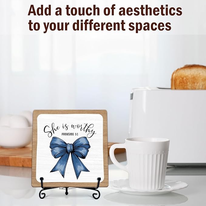 Religious Gifts for Women, 5 Inch Blue Bow Christian Bible Verse Decor, Inspirational Wooden Plaques for Home Office - A09