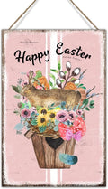 Happy Easter Flower Basket Bunny Wall Hanging Plaques French Style Floral Pink Stripes Wooden Sign Plaque Happy Easter Welcome Spring Wood Plaque for Home Office Porch 12x18in