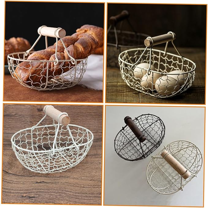 2pcs Vintage Style White Iron Wire Fruit Basket with Wooden Handles, Multi-function Metal Mesh Storage Baskets for Kitchen, Egg and Bread Organizer, Small Harvesting and Serving