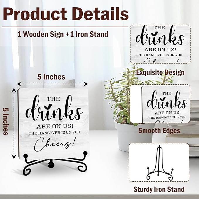 Funny Bar Sign, Wedding Gifts for New Couple Colleagues Friends Family, 5 Inch Rustic Wooden Plaques for Bar Table Decor, The Drinks Are On Us Sign - A16