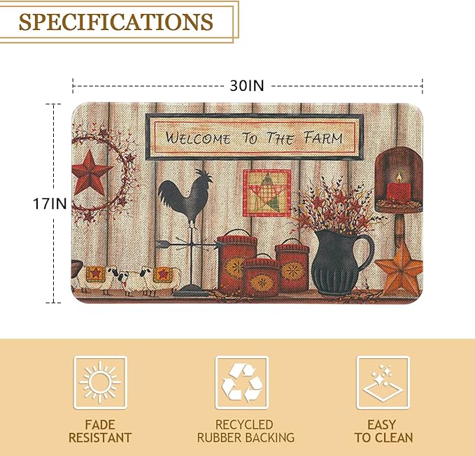 Roszwtit Farmhouse Kitchen Rugs and Mats, Welcome to The Farm Rooster Door Mat, Seasonal Washable Non-Slip Floor Mats for Home Kitchen Decor 30x17 Inch