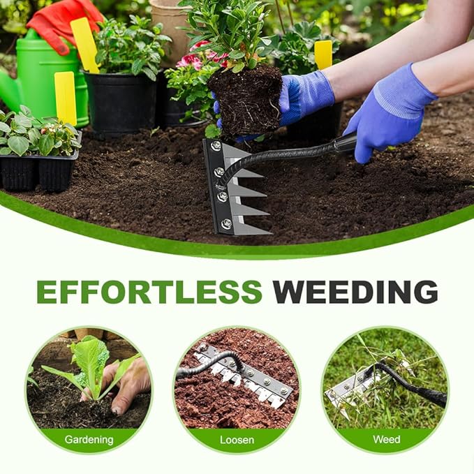 2026 New Iron Weeding Rake 2.0, 5/6/7/8 Teeth Carbon Steel Garden Weeding Rakes, Iron Rake for Gardening and Weeding, Heavy-Duty Garden Weed Puller Tool for Lawn Yard Gardens Farm (6Teeth)