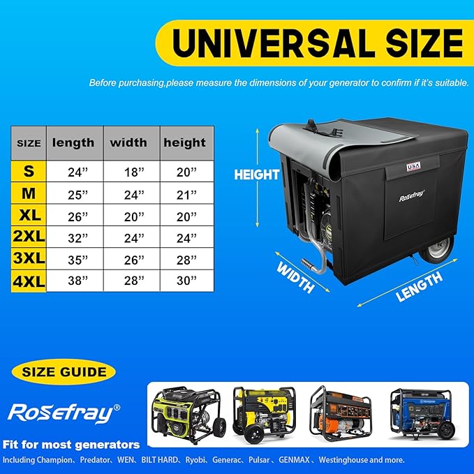 Rosefray Generator Cover-26”Lx20”Wx20”H,600D Heavy Duty Waterproof, Small Outside Equipment Cover for Champion,Predator,WEN,Ryobi,Generac,Westinghouse Portable Generator 3000-6000W-Black/XL