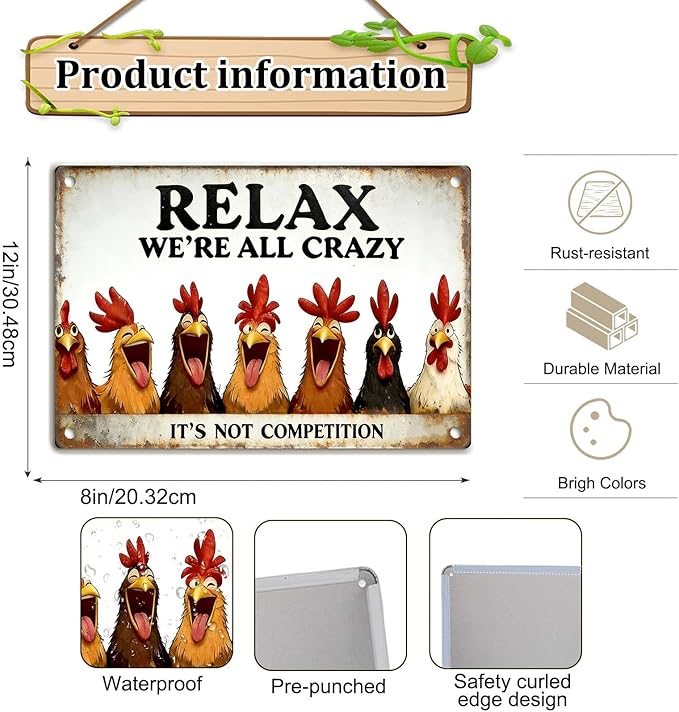 Funny Chicken Coop Signs - Vintage Sign Metal Tin “Relax We're All Crazy”For Chicken Lovers Gifts Outdoor Home Farm Chicken Wall Art Decor 8x12 Inch