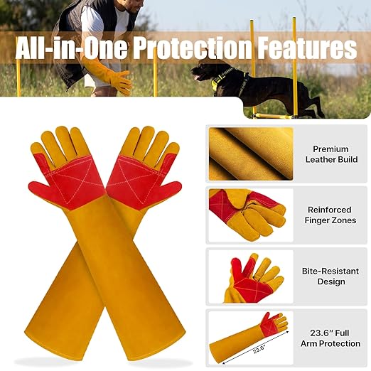 23.6" Leather Welding Gloves, 932℉ Heat-Resistant Long Gauntlet for MIG/TIG/Stick, Bite-Resistant Animal Handling, BBQ/Fireplace/Gardening, Reinforced Palm, Yellow