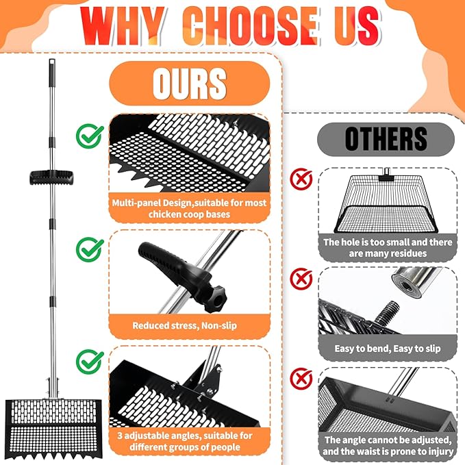 Chicken Poop Scooper, Adjustable Angle Chicken Coop Cleaning, 3-in-1 Sand Rake with Sifting Panels for Hen/Pet House Bedding Management, 304 Stainless Steel Chicken Coop Accessories