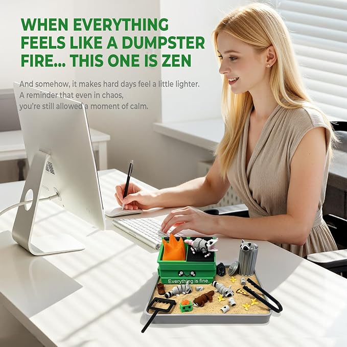Dumpster Fire Zen Garden for Desk, Funny Mini Desktop Zen Sand Garden Kit, Funny Office Desk Accessory Stress Relief Gifts for Coworkers, Bosses, Friends, Birthday