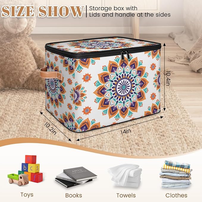 Boho Vintage Flowers Storage Bins with Zipper Lid Fabric Storage Containers for Clothes Collapsible Closet Storage Basket with Metal Frame 2 Pack