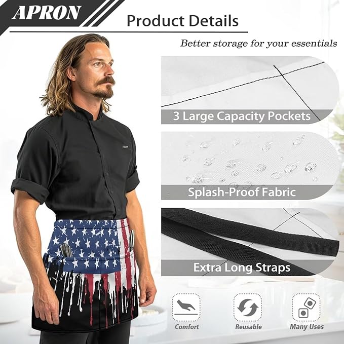 Waist Apron with 3 Pockets Waterproof 13 Inch Short Half Waist Aprons Women Men Server Aprons Waitress Waiter Apron