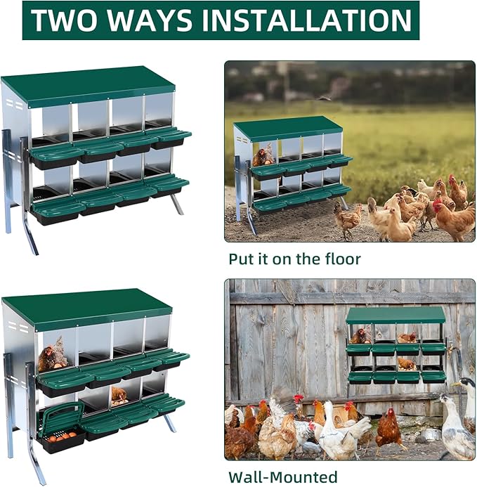 Chicken Nesting Box, 2-Tier Chicken Egg Laying, 8 Compartments Chicken Laying Box for Hens, 8 Room Metal Nesting Boxes for Chicken, Roll Away Nest Box with Lid Cover to Protect Eggs, 8 Holes Green