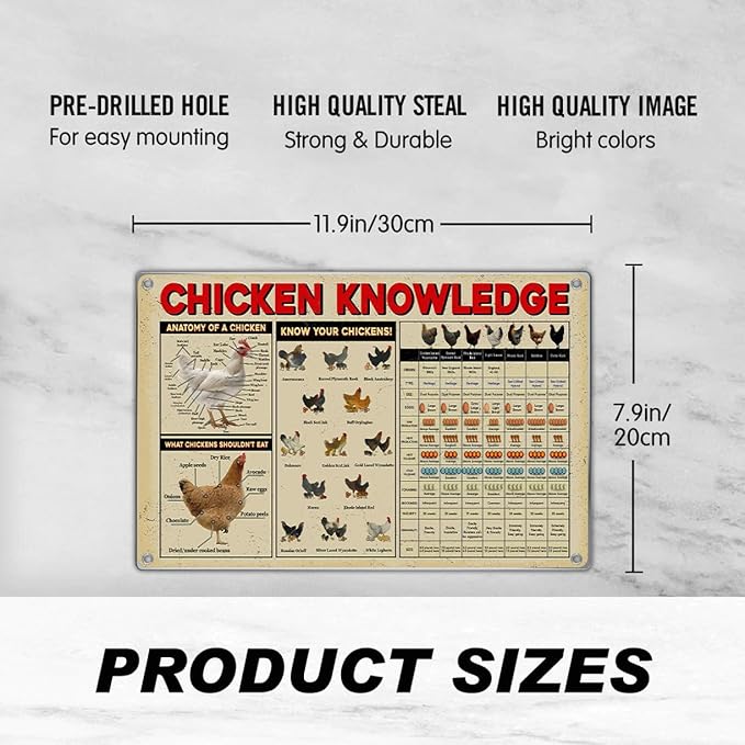 Chicken Knowledge Educational Metal Sign 12 x 8 Inch Wall Decor Chart With Anatomy Breeds And Feeding Guide For Farmhouse Kitchen Garage Coop Indoor Aluminum