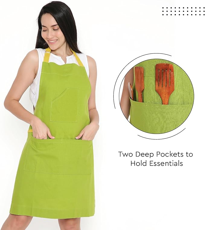 Encasa XO Adjustable Kitchen Cotton Apron With Pockets & Towel Holder Of Size 27x33 in (Lime Green) for Men & Women Chefs For Cooking & Baking in Home, Restaurants & Barbeque