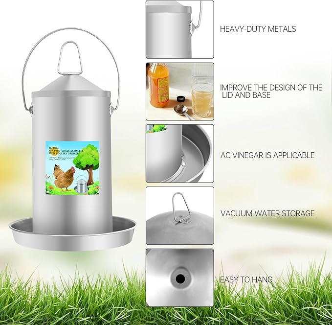 Automatic Chicken Waterer 4L/1.0Gal, 304 Food Grade Stainless Steel Heavy Duty Poultry Waterer with Handle, High Strength Structure 0.035 Inch Metal Thickness, No Assemble (Sliver, 4L/1.0Gal)