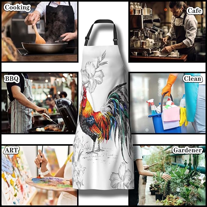 BBQ Aprons for Men Watercolor Pattern with Roosters Women Apron for Kitchen Cooking Restaurant Painting Crafting Gardening 27” (W) x 31” (H), Waterproof Apron