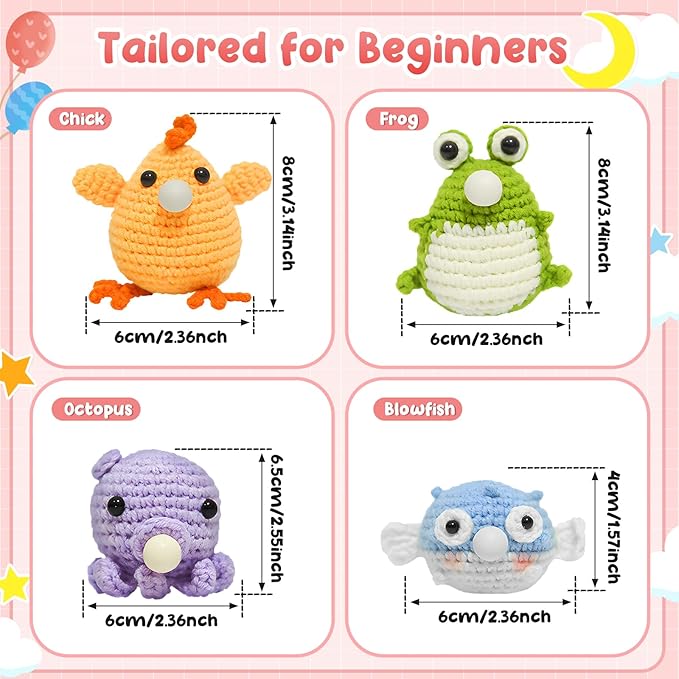 4Pcs Crochet Kit Complete Animal Crochet for Beginners Knitting Kit DIY Crochet Craft Kit Adorable Doll Chick Frog Octopus Starter Pack DIY Crochet Craft Kit with Step-by-Step Tutorials for Adults