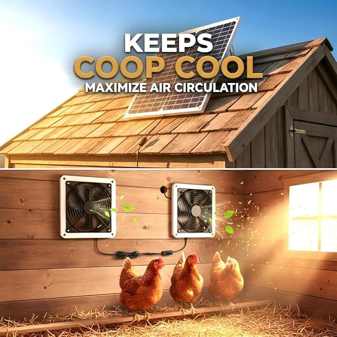 25W Solar Powered Fan for Chicken Coop, Greenhouse, Shed, Upgraded 16.4ft Long Cable Dual Exhaust Fan Kit, IP67 Waterproof Outdoor Solar Fan for Dog House RV Attic Ventilation