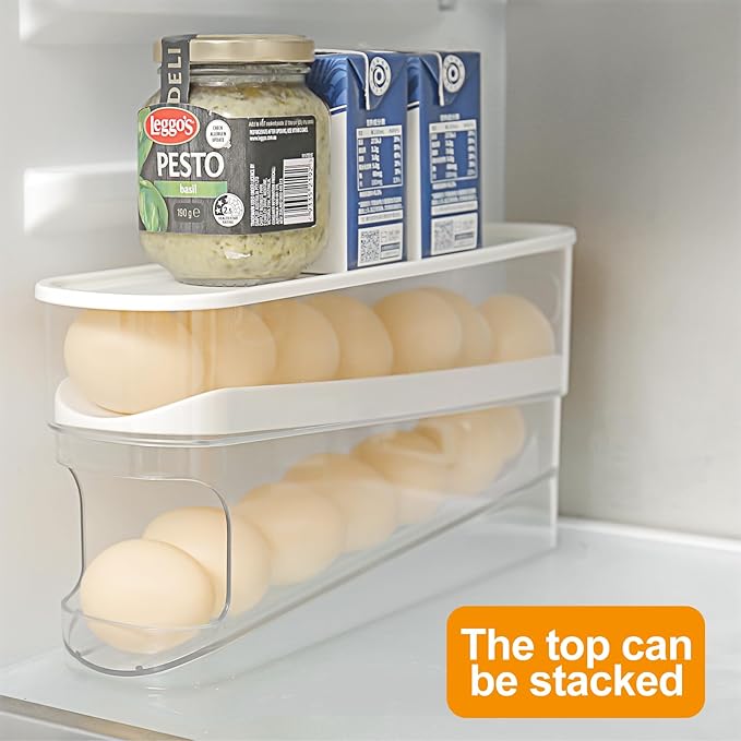 Automatic Roll Down Egg Dispenser for Refrigerator Organizer with Lid, 12-Count Double Layer Rolling Egg Holder for Fridge Storage (1PCS)