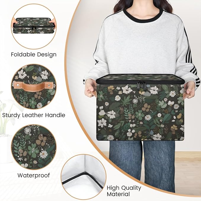 Boho Wildflowers Storage Bins with Lids, Sage Green Leaves Fabric Storage Boxes with Zipper, Collapsible Decorative Closet Organizer Cube for Clothes, Organizing, Shelves