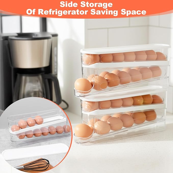 Egg Holder for Fridges 2 Pack, Auto Rolling Fridge Egg Carton 14 Grid Space Saving Clear Eggs Storage Box Eggs Dispenser Rolls Stackable Container with Lid for Fridge and Kitchen Cabinet