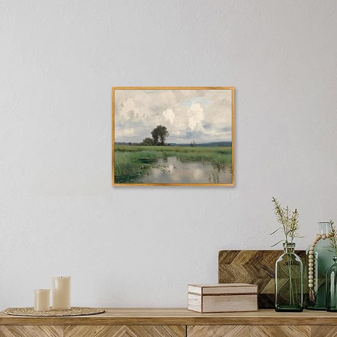 Farmhouse River Artwork Vintage Landscape Framed Pictures Nature Wilderness Wall Art Rustic Landscape Painting Wilderness Green Poster Farmhouse Scenery Picture Countryside Canvas Wall Art 8x10in Framed