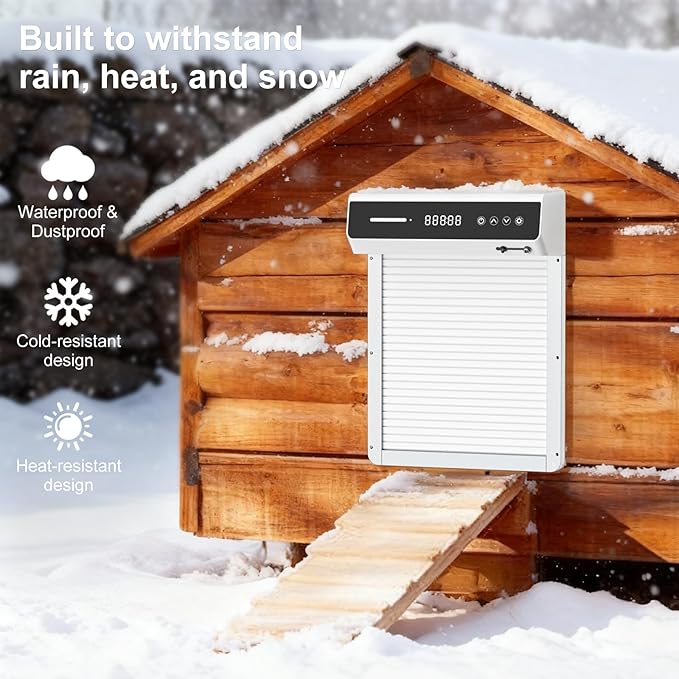 Automatic Chicken Coop Door Solar, Battery Powered & Weatherproof Aluminum, Timer Modes for Safe and Convenient Chicken, Easy Install, Reliable All-Season Performance (White)