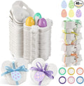 48 Pcs Easter Egg Cartons White Heart Shaped Egg Holder Natural Pulp Paper for Chicken Eggs with Macaron Color Label Ribbon for Easter Gift, Arts and Crafts Reusable Mini Egg Cartons