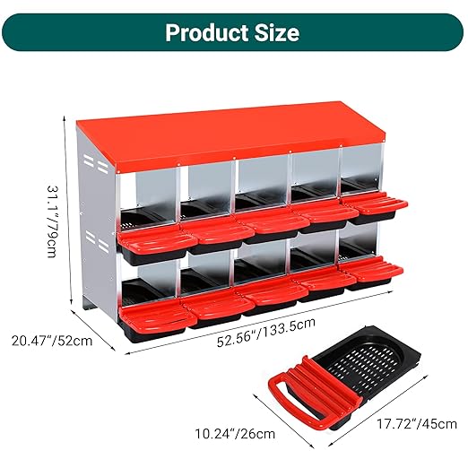 Garvee Chicken Nesting Boxes, 10 Hole Metal Chicken Laying Box with Removable Trays and Roll Out Egg Collection for Chicken Coop, Red