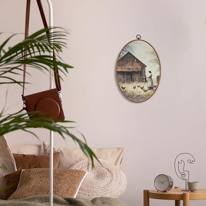 Yorhifa Vintage Chicken Barn Framed Wall Art, Antique Farmhouse Chicken Oval Wall Art, Moody Cottagecore Countryside Oval Walls Decor, Rustic Country Animal Canvas Artwork Hanging Decor, 8.5x11.5in