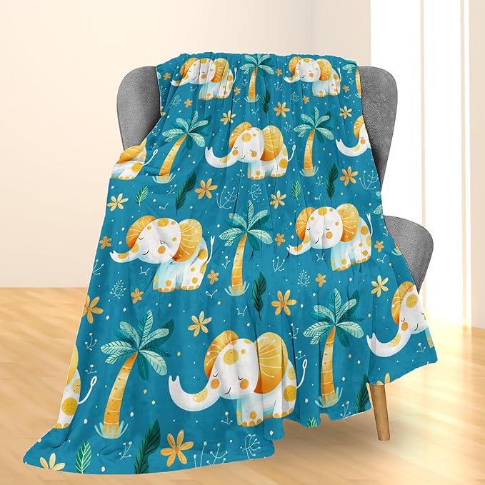 Adorable Elephant and Palm Tree Blanket, Soft Flannel Throw for Couch, Bed, Travel, Living Room & Home Decor, Cozy Lightweight Warm Fluffy Fuzzy Blankets for Adults Kids Women 80×60 in