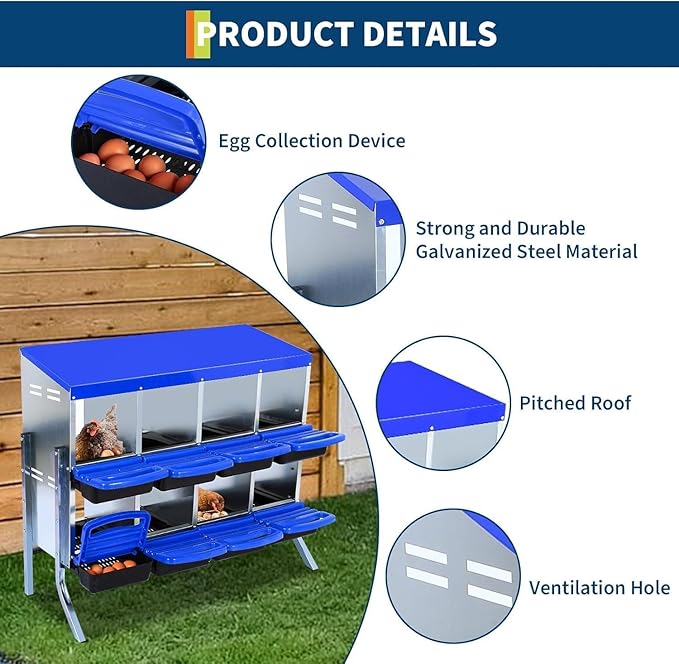 Chicken Nesting Box,Roll Away Eggs Laying Boxes,Large Bedding for Hens Birds Duck Coop Poultry Habitat Supplies,8 Compartments,Cleanable Pull Out Hen Roosting Boxes