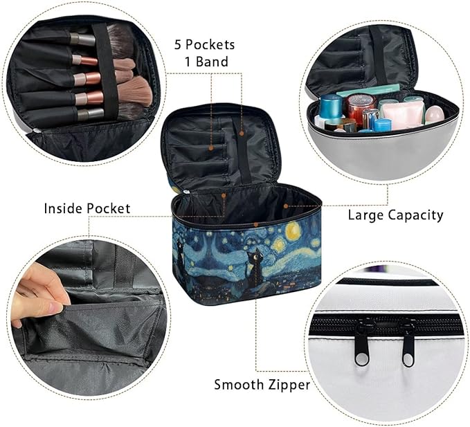 Black Cat Starry Night Print Travel Makeup Bags for Women Portable Tote Cosmetic Case with Carry Handle Toiletry Accessories Storage Organizer Bags