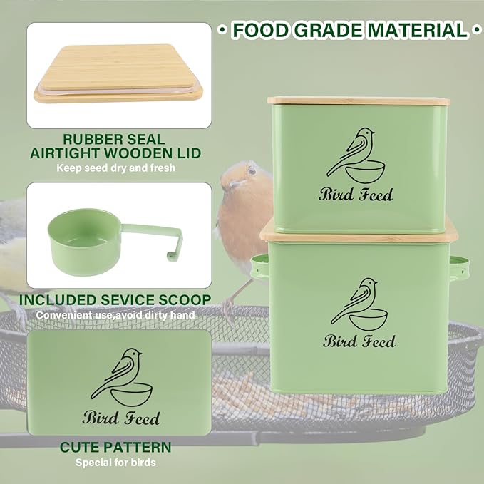 Airtight Bird Seed Storage Container Set of 2, 10LB Metal Bird Food Container with Bamboo Lids,Wild Bird Seed Tin for Storing Sunflower Seed-Squirrel proof -Green
