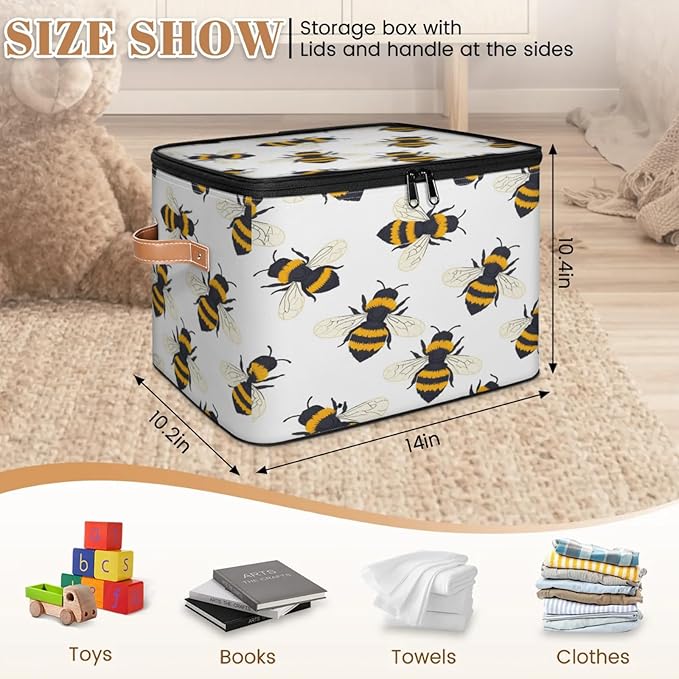 Storage Cubes with Lid Fabric Storage Bins Boxes PU Leather Handles, Cute Bee Closet Organizer Container Foldable Washable Shelf Cloth Basket, Honey Bee