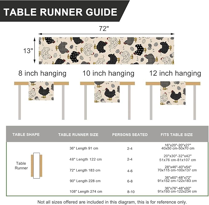 Seliem Chicken Hen Table Runner, Black White Eggs Plaid Polka Dots Farm Kitchen Dining Table Decor, Spring Farmhouse Burlap Home Decoration Indoor Outdoor Party Supply 13 x 72 Inches