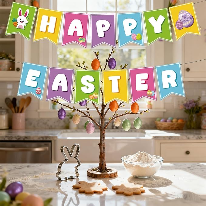 Happy Easter Banner for Easter Party Decorations Indoor Outdoor Egg Bunny Hanging Decor