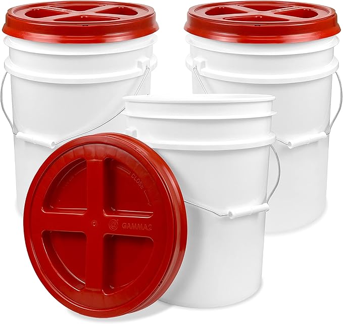ePackageSupply 5 Gallon White Bucket with Red Gamma Seal Screw on Airtight Lid | Made in USA | Food Grade | Heavy-Duty HPDE Plastic | Durable 90 Mil Pail | Easy Stack and Store | BPA Free (3 Count)