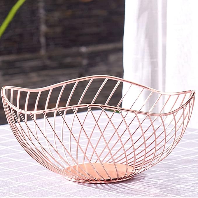 IBWell High Style Curved-Edge Modern Creative Stylish Single Tier Dish,Metal Iron Wire Fruit Vegetables Bread Decorative Stand Serving Bowls Basket Holder (Rose Gold-Twill)