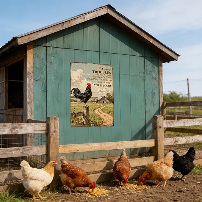 Funny Chicken Signs Farmhouse Rooster Crowing Farm Fence Aluminium Metal Chicken Signs Decor Home Farm Wall Decor for Coop Poster 16x12 Inch