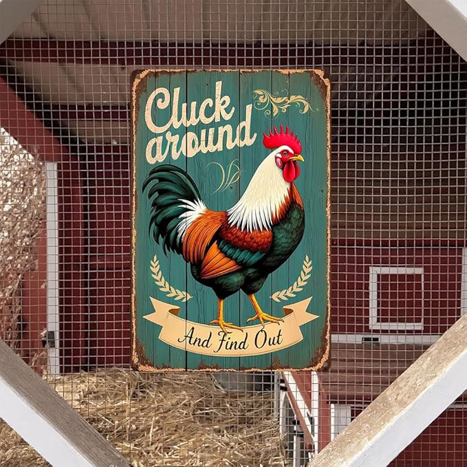 FunnySign Chicken Gifts Rooster Décor Cluck Around And Find Out Rustic Tin Sign For Home Farm Chicken Coop Decor 8x12 Inch (9703)